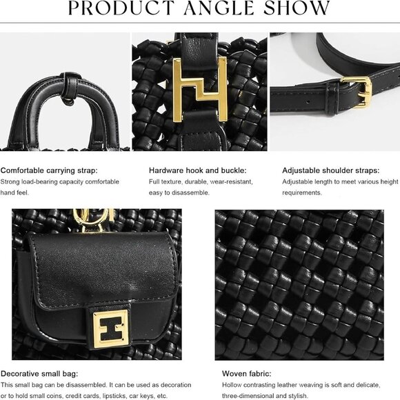 Elegant Vegan Leather Woven Crossbody Bag with Adjustable Strap - Rich Black - Picture 5 of 6